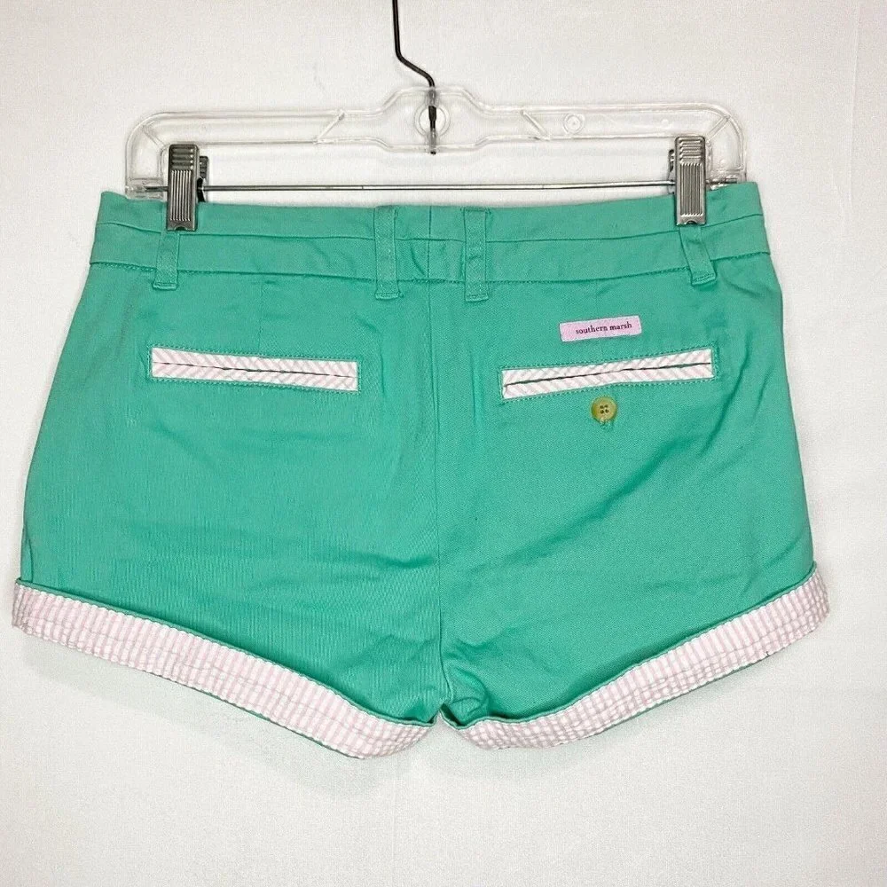 Southern Marsh Womens Sz 0 Brighton Shorts- Chino Seersucker Teal Pink Stretch